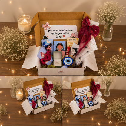 A gift box arrangement shown in a three-panel collage on a wooden table with warm string lights and candles. The open box contains a printed message card, a red ribbon, packaged items, small photo cards, a ring box, and other gift items.