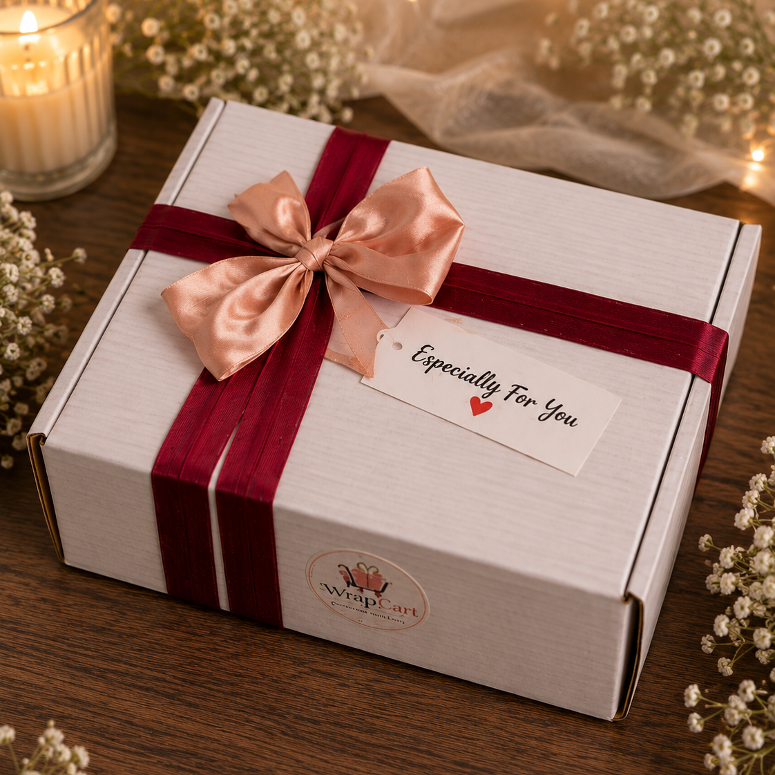 A white gift box tied with a wide burgundy ribbon and a satin blush pink bow, with a small tag reading 'Especially For You.' The box sits on a wooden surface surrounded by lit candles, baby's breath flowers, and soft warm lighting.