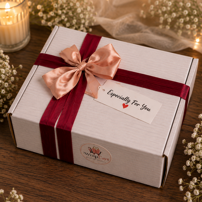 A white gift box tied with a wide burgundy ribbon and a satin blush pink bow, with a small tag reading 'Especially For You.' The box sits on a wooden surface surrounded by lit candles, baby's breath flowers, and soft warm lighting.