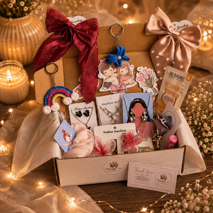 A wooden gift box filled with assorted fashion accessories, jewelry, and small cards, styled with large satin bows, fairy lights, candles, and dried flowers on a wooden surface.