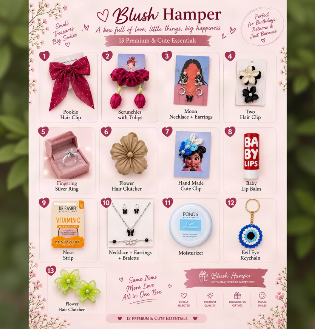 A promotional collage for a 'Blush Hamper' gift set, featuring 13 numbered items on a light pink background with decorative hearts and text. The items include a pink bow, scrunchies, a necklace, hair clips, a ring, a flower clutch, a handmade cute card, baby lip balm, a nose strip, a bralette, a keychain, and flower hair clips.