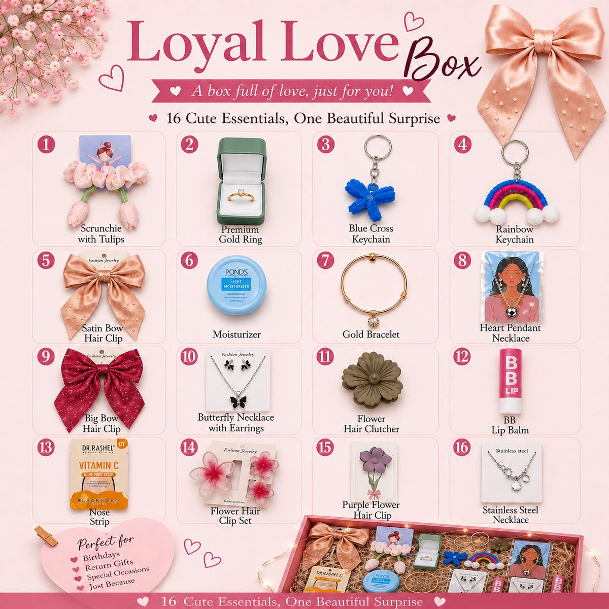 A promotional collage for the Loyal Love Box featuring 16 cute essentials and accessories arranged in numbered cards on a pink background, with a gift box shown open at the bottom right.