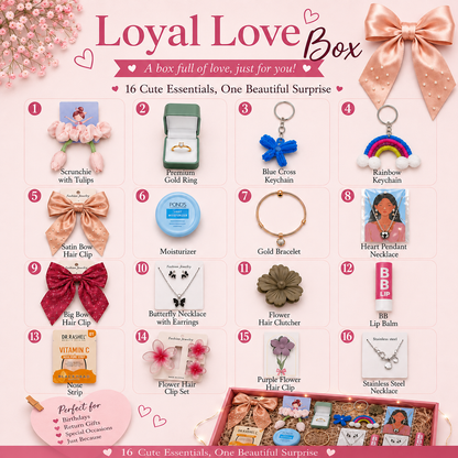 A promotional collage for the Loyal Love Box featuring 16 cute essentials and accessories arranged in numbered cards on a pink background, with a gift box shown open at the bottom right.
